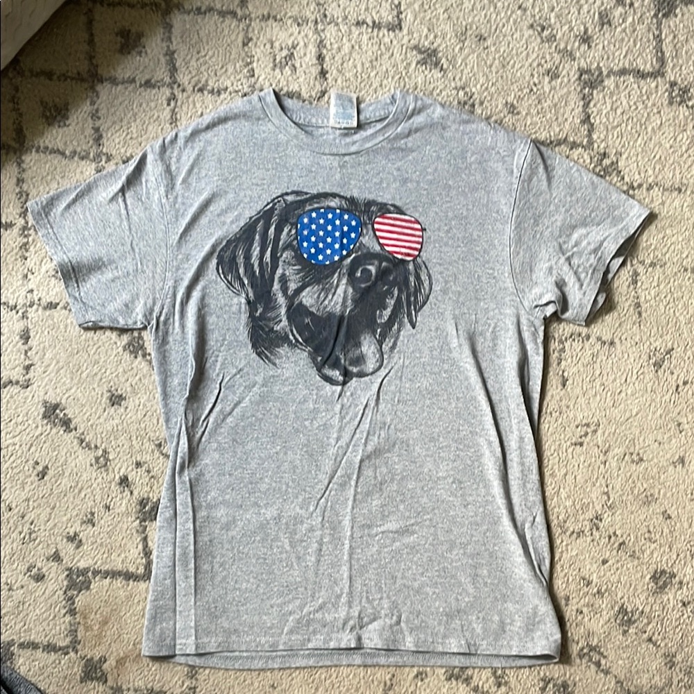 Gray Dog T-Shirt with American Flag Sunglasses